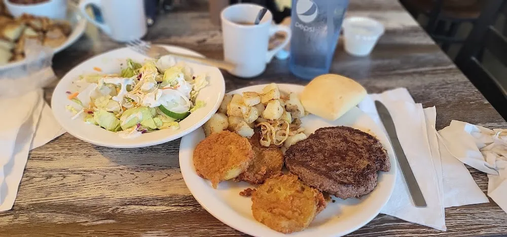 Hamburger Steak Fried Green Tomatoes and Fried Potatoes with Onions